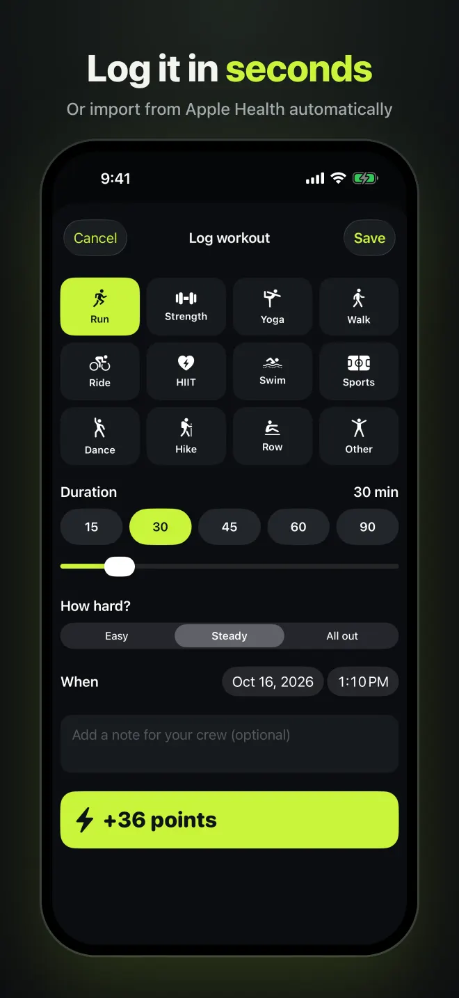 Crewlap's log workout screen with activity types, duration, and an effort picker.